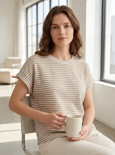 Waffle Knit Crew Neck Tee — Cream Stripe — view 4