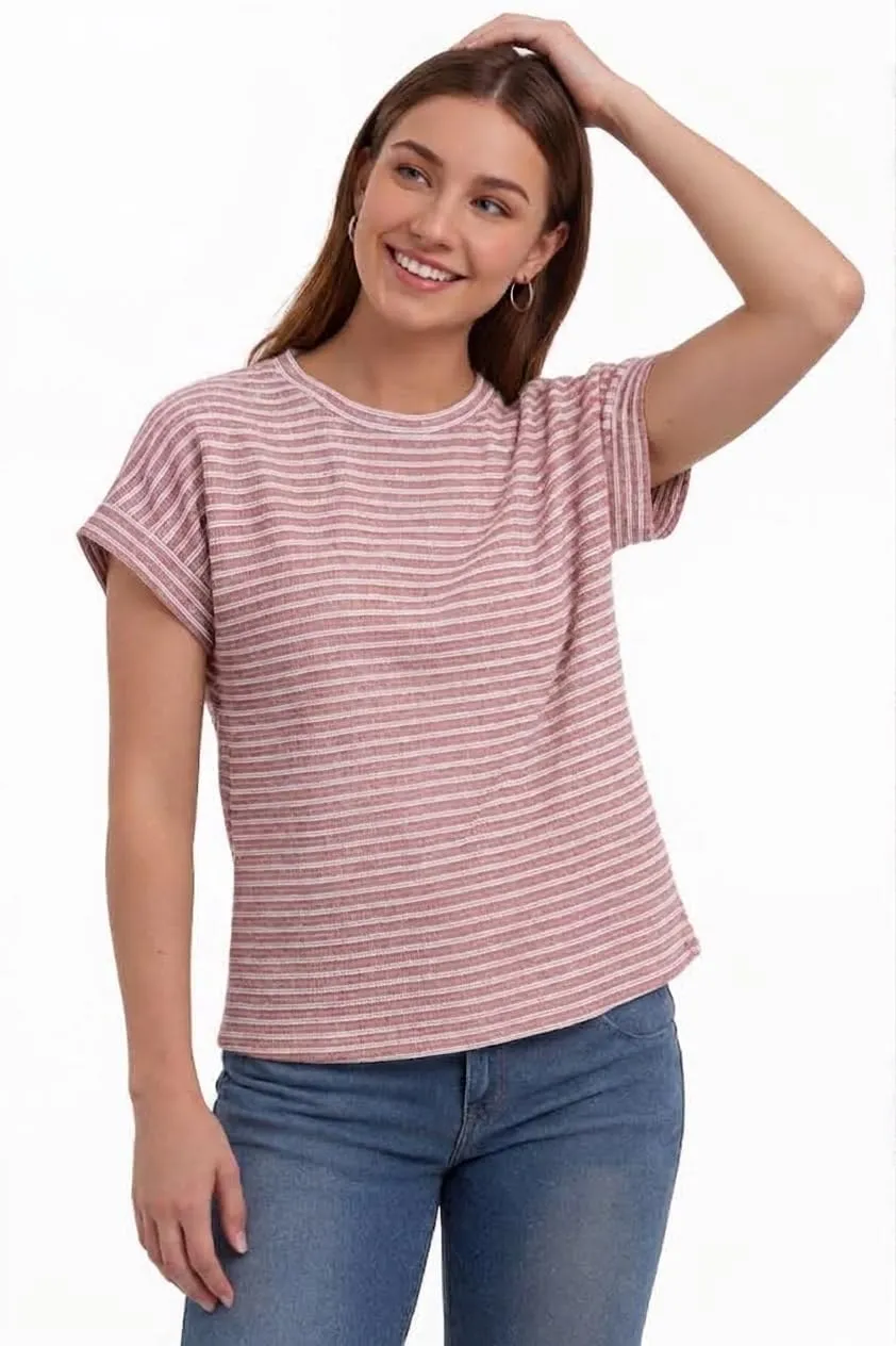 Waffle Knit Striped Cap Sleeve Tee — Pink / White — view 2