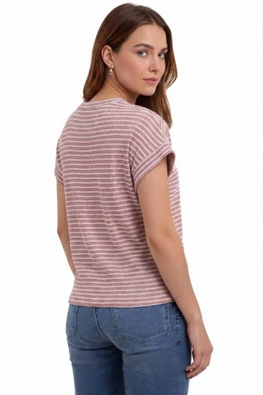 Waffle Knit Striped Cap Sleeve Tee — Pink / White — view 3