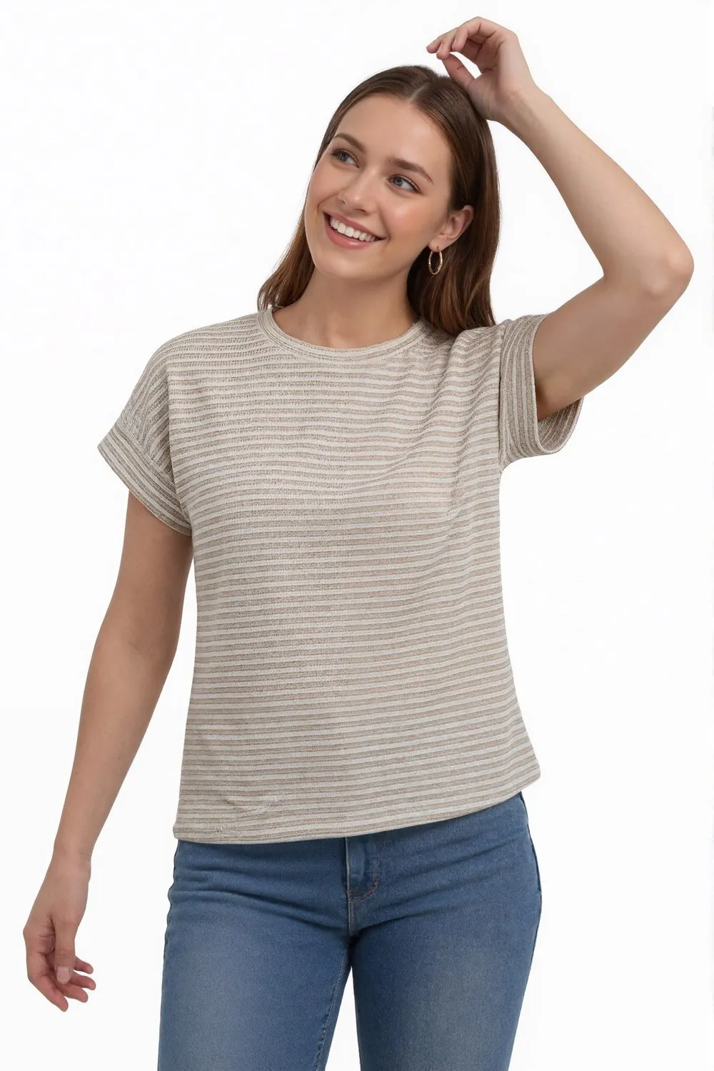 Waffle Knit Striped Cap Sleeve Tee — Apricot / White — view 2