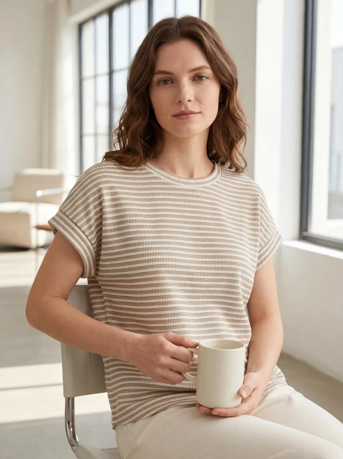 Waffle Knit Striped Cap Sleeve Tee — Apricot / White — view 3