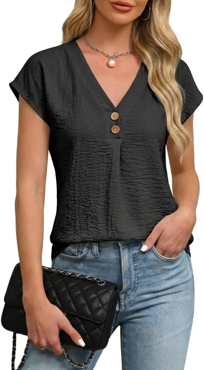 V-Neck Cap Sleeve Blouse — Black