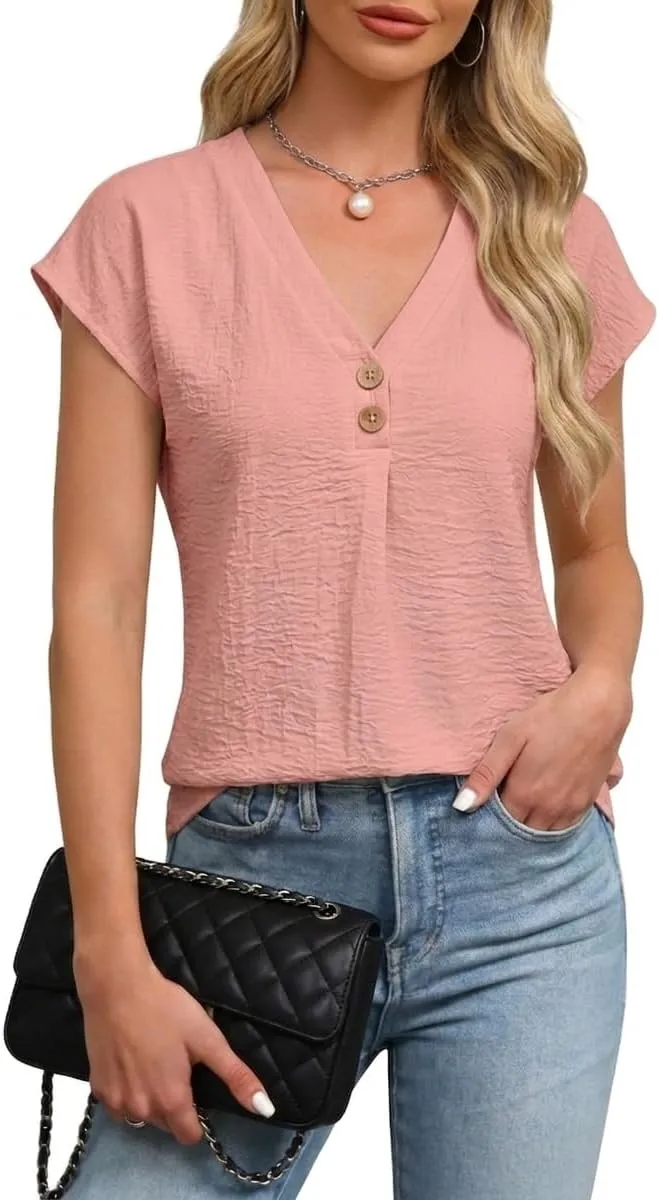 V-Neck Cap Sleeve Blouse — Pink
