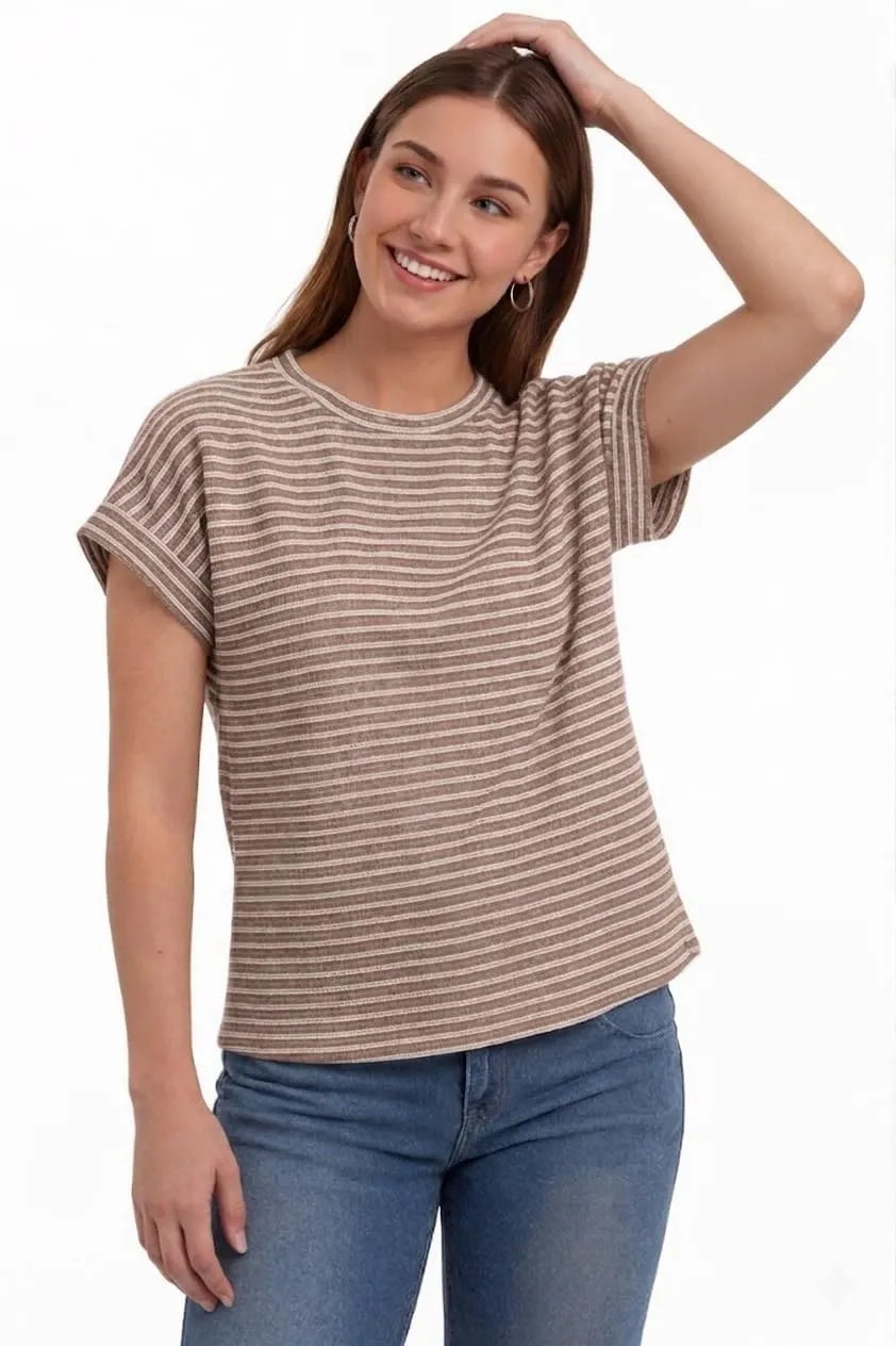 Waffle Knit Striped Cap Sleeve Tee — Coffee / White — view 2