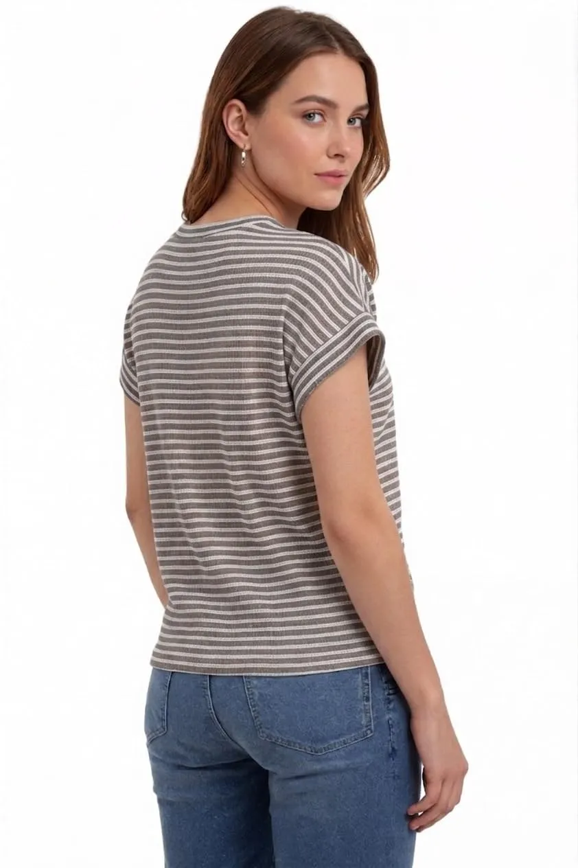 Waffle Knit Striped Cap Sleeve Tee — Coffee / White — view 3