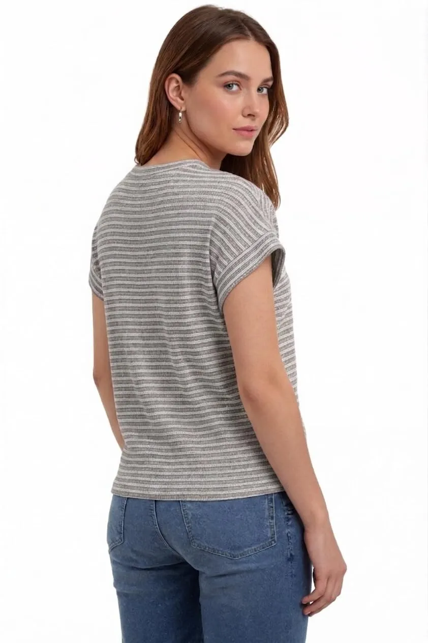 Waffle Knit Striped Cap Sleeve Tee — Grey / White — view 2