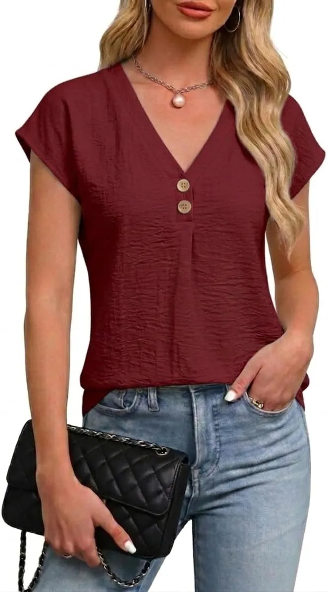 V-Neck Cap Sleeve Blouse — Fireberry