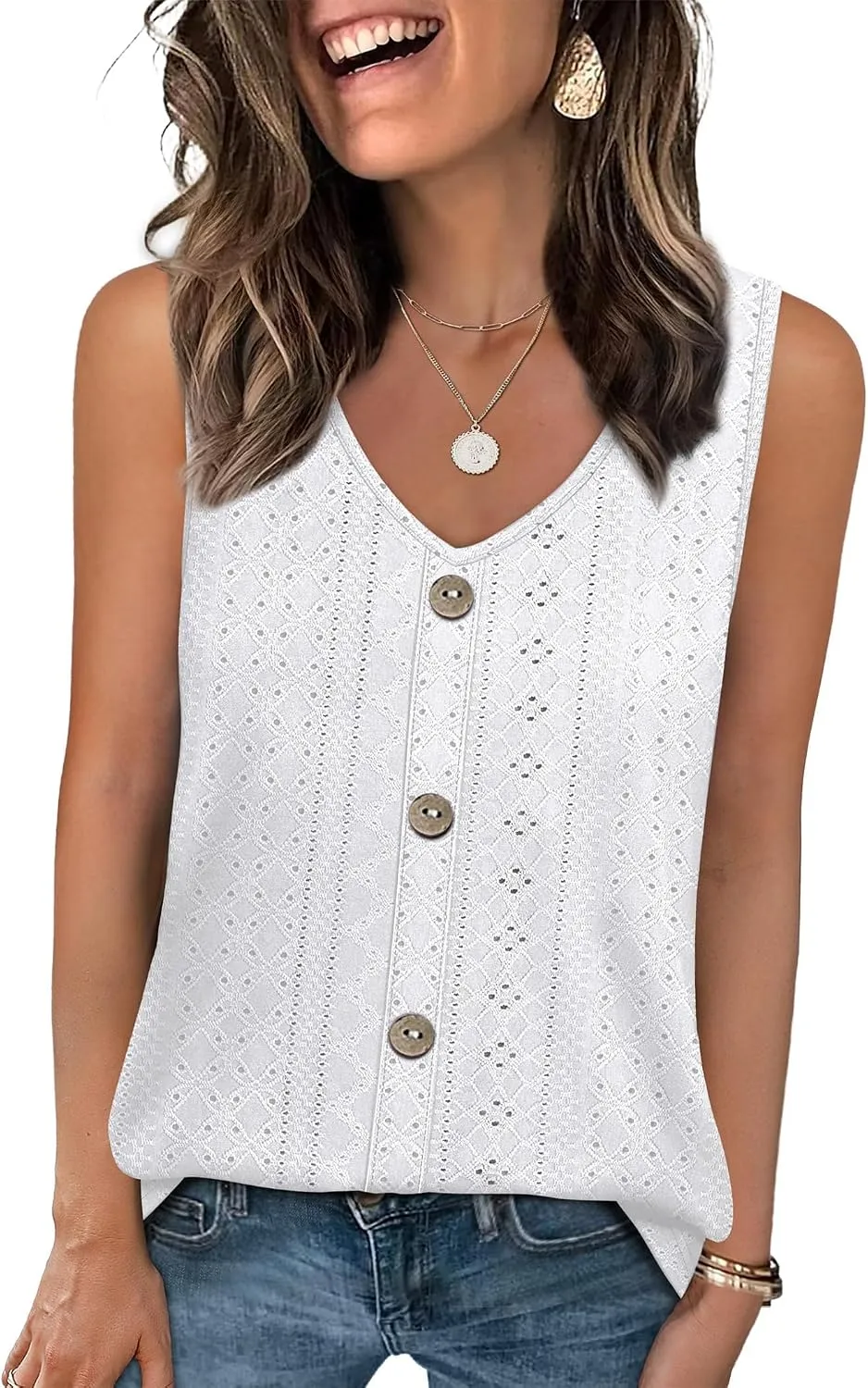 Eyelet V-Neck Tank Top — White — view 3