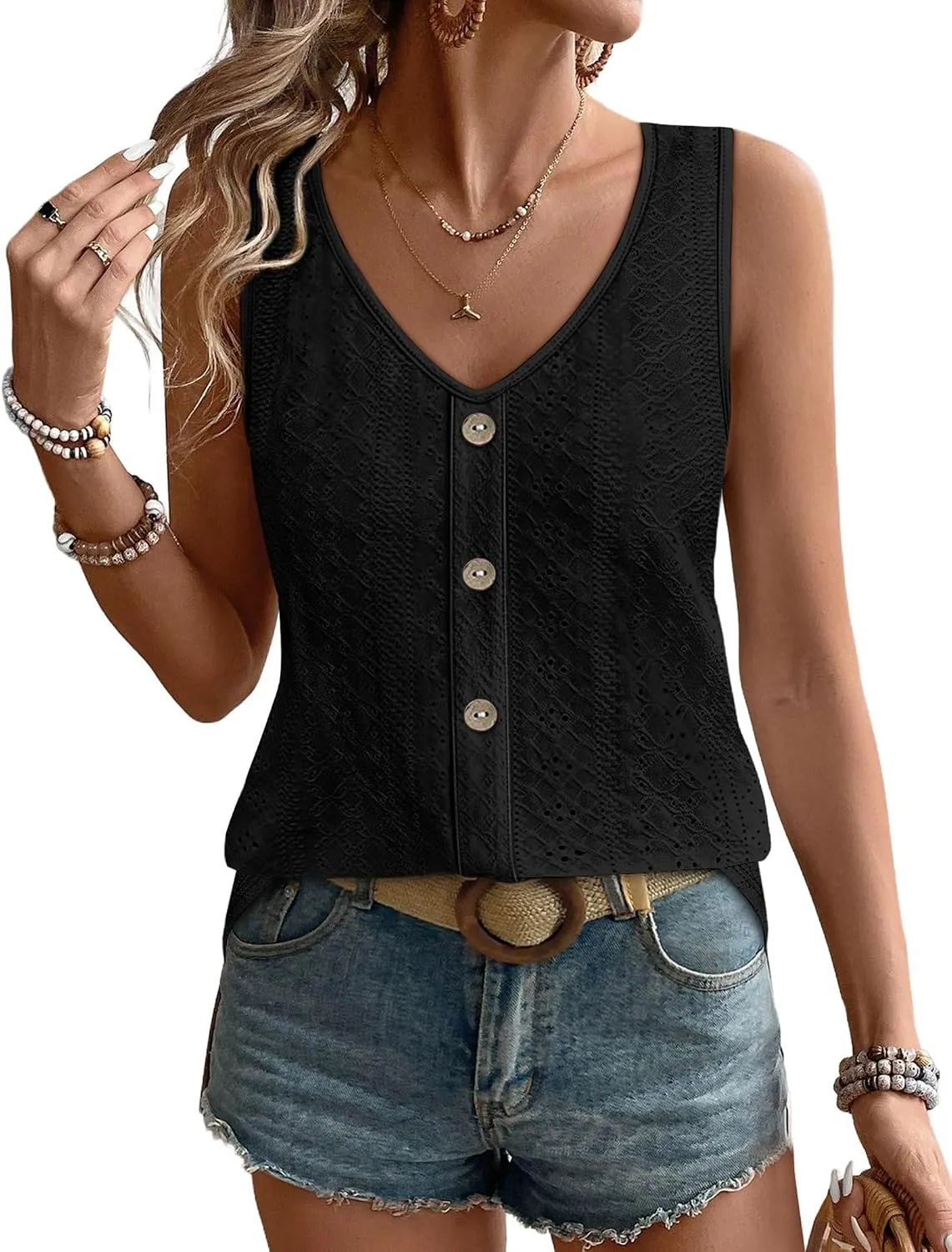 Eyelet V-Neck Tank Top — Black