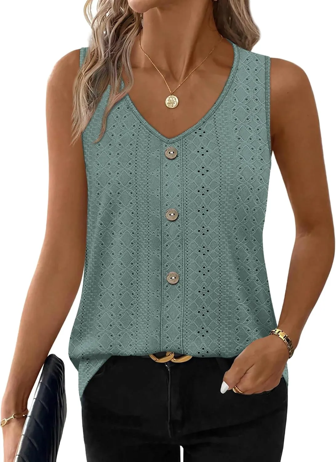 Eyelet V-Neck Tank Top — Sage Green — view 2