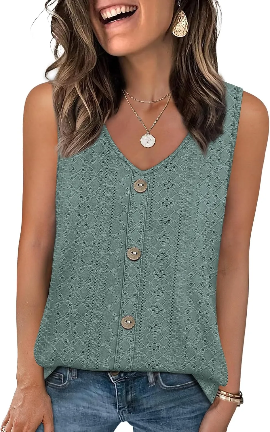 Eyelet V-Neck Tank Top — Sage Green — view 3