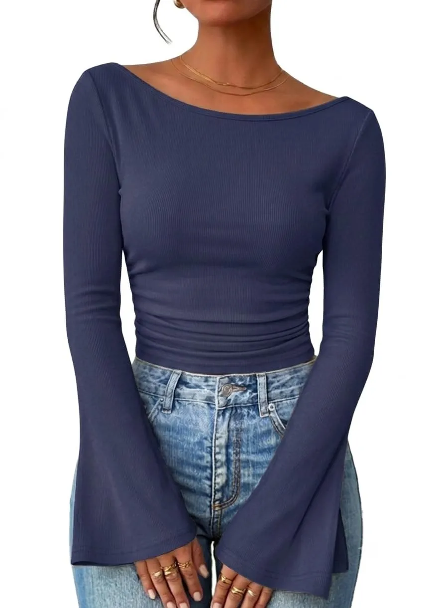 Boat Neck Ribbed Bell Sleeve Top — Navy