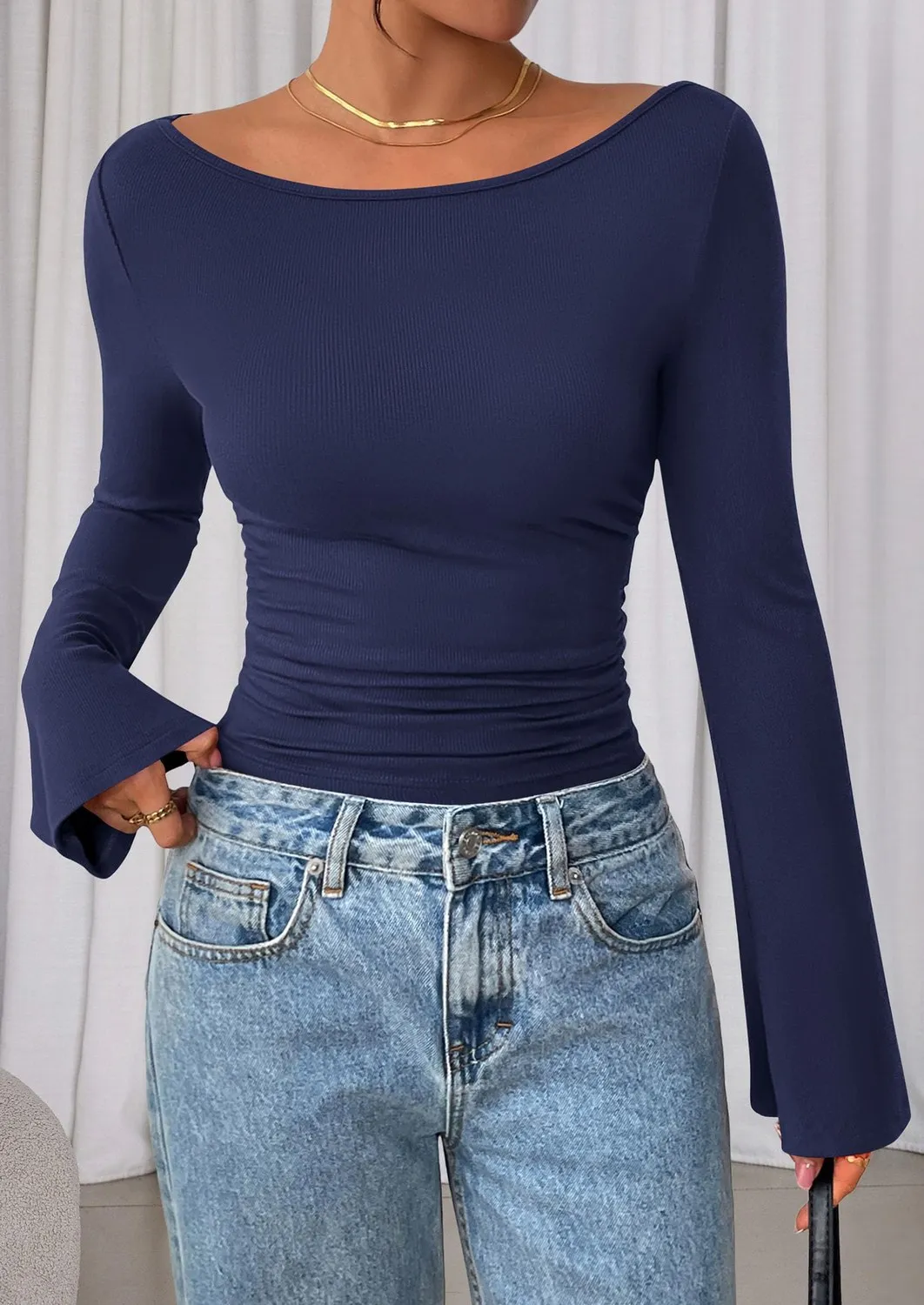 Boat Neck Ribbed Bell Sleeve Top — Navy — view 3