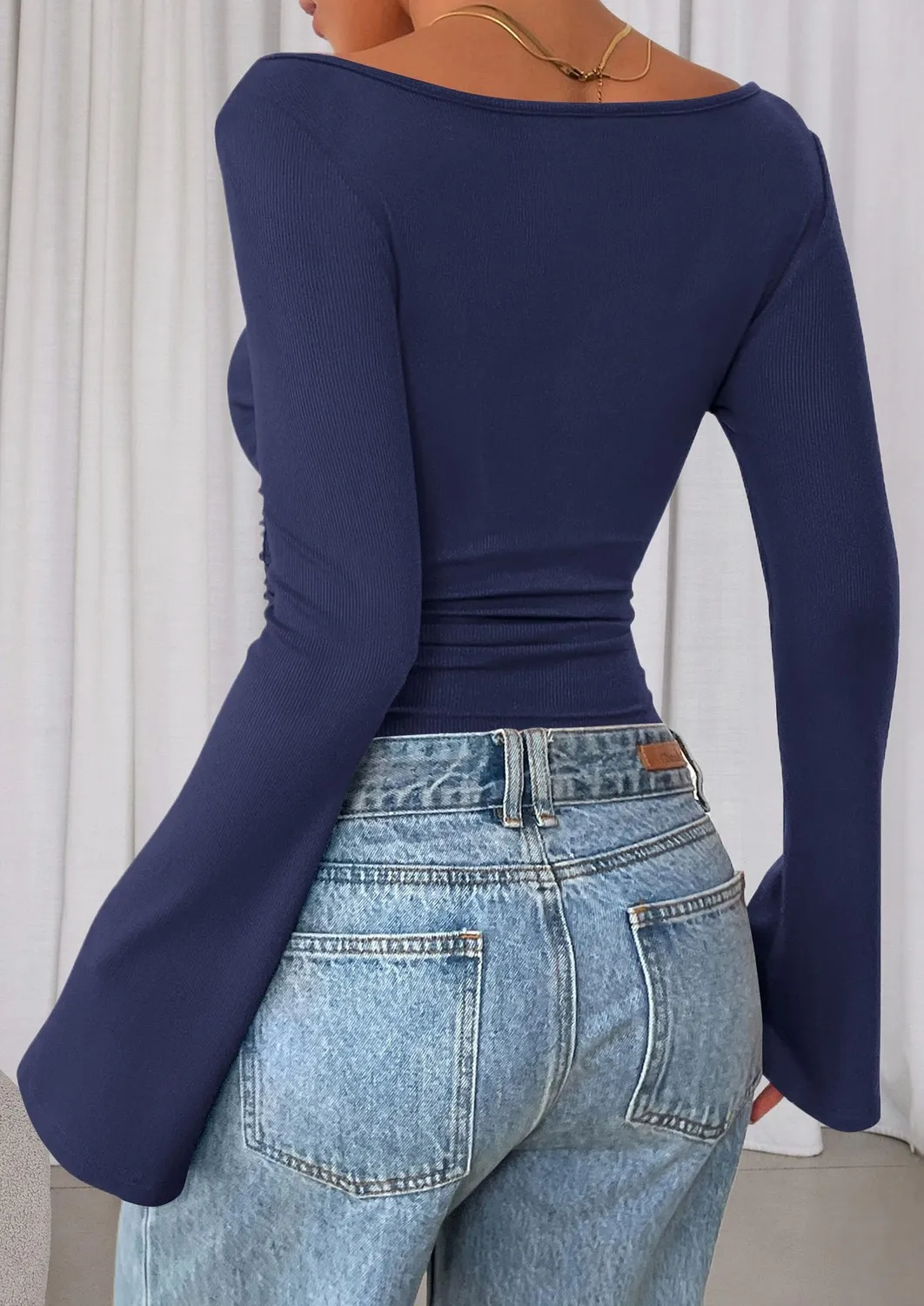 Boat Neck Ribbed Bell Sleeve Top — Navy — view 4