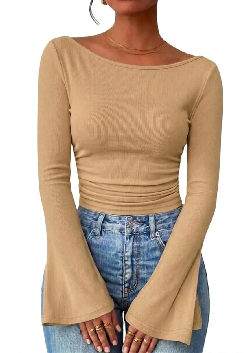 Boat Neck Ribbed Bell Sleeve Top — Khaki