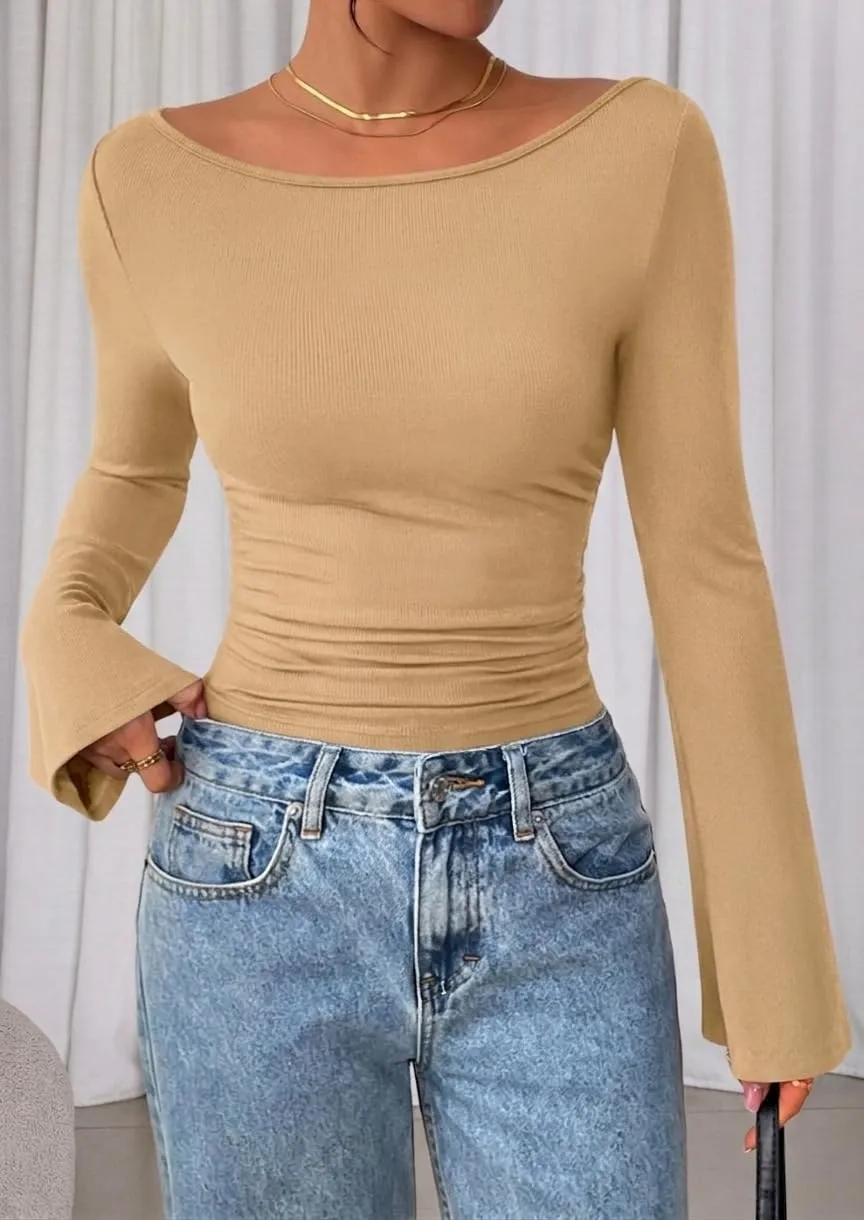 Boat Neck Ribbed Bell Sleeve Top — Khaki — view 3