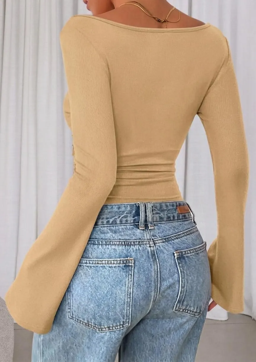 Boat Neck Ribbed Bell Sleeve Top — Khaki — view 4