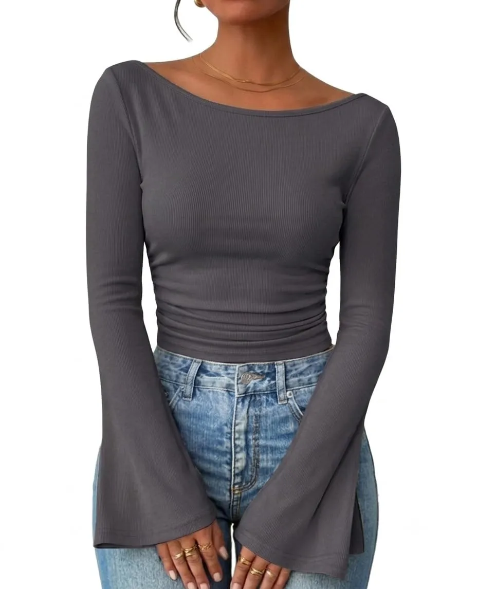 Boat Neck Ribbed Bell Sleeve Top — Dark Grey