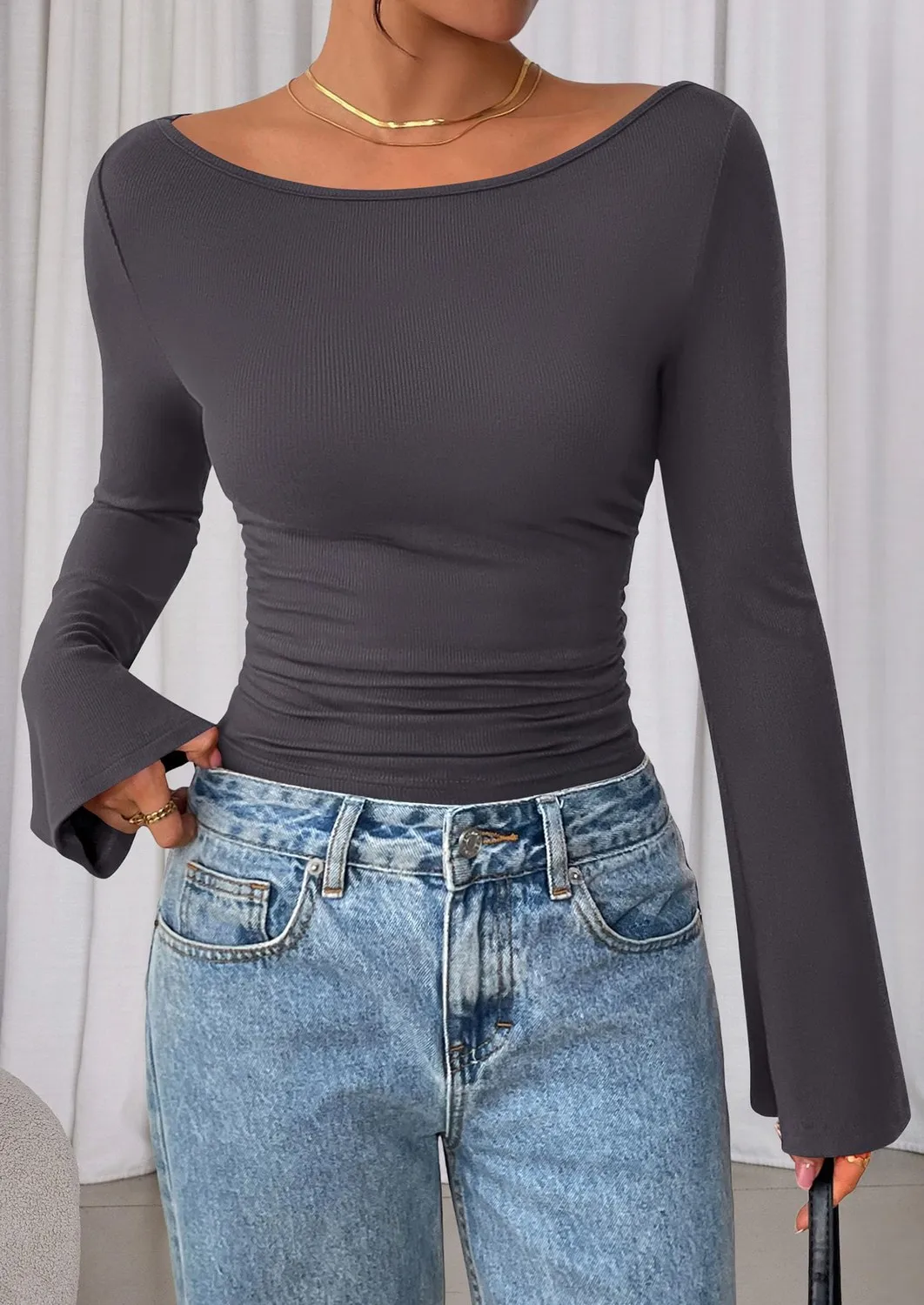 Boat Neck Ribbed Bell Sleeve Top — Dark Grey — view 3