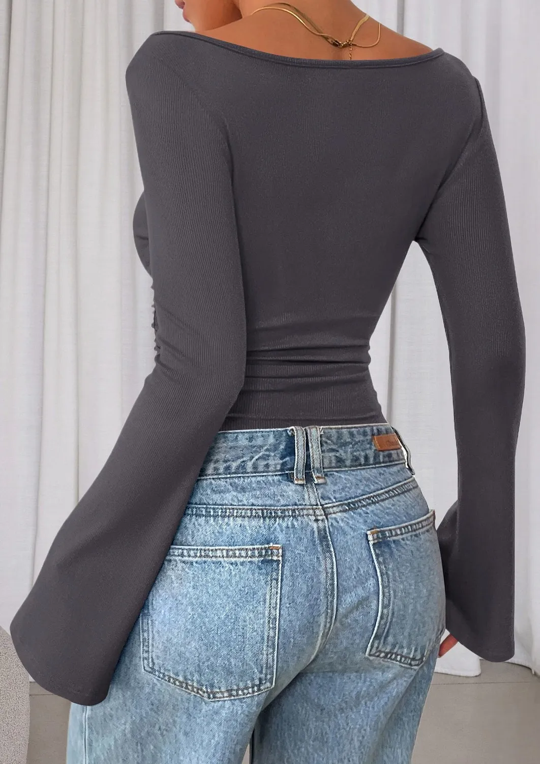 Boat Neck Ribbed Bell Sleeve Top — Dark Grey — view 4