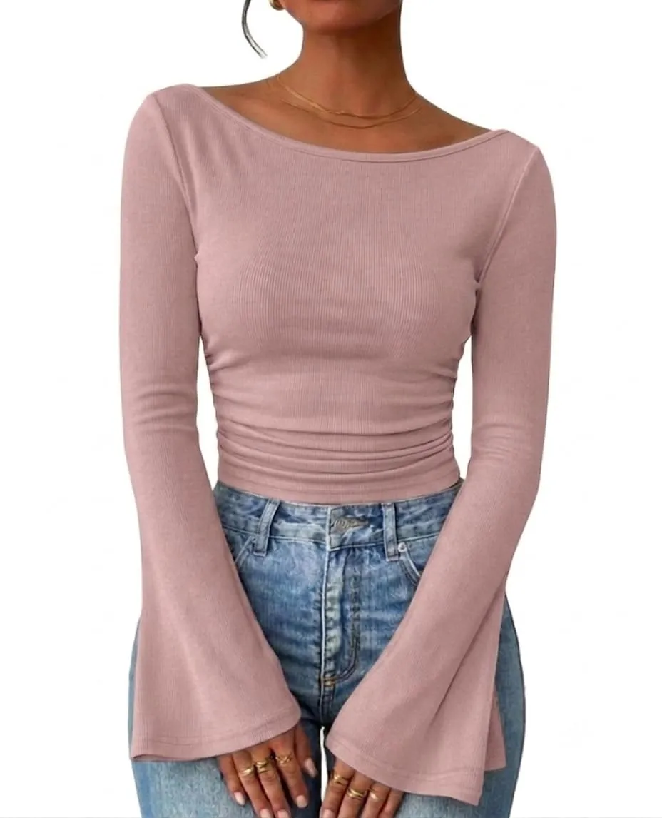 Boat Neck Ribbed Bell Sleeve Top — Pink