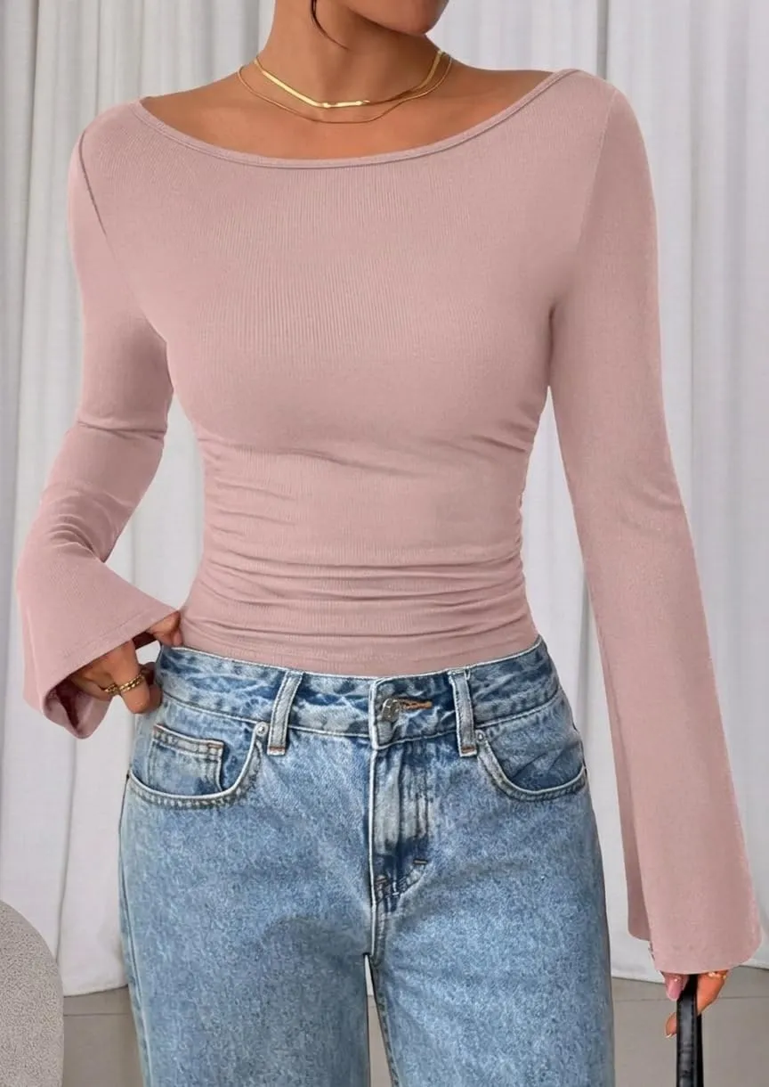 Boat Neck Ribbed Bell Sleeve Top — Pink — view 3