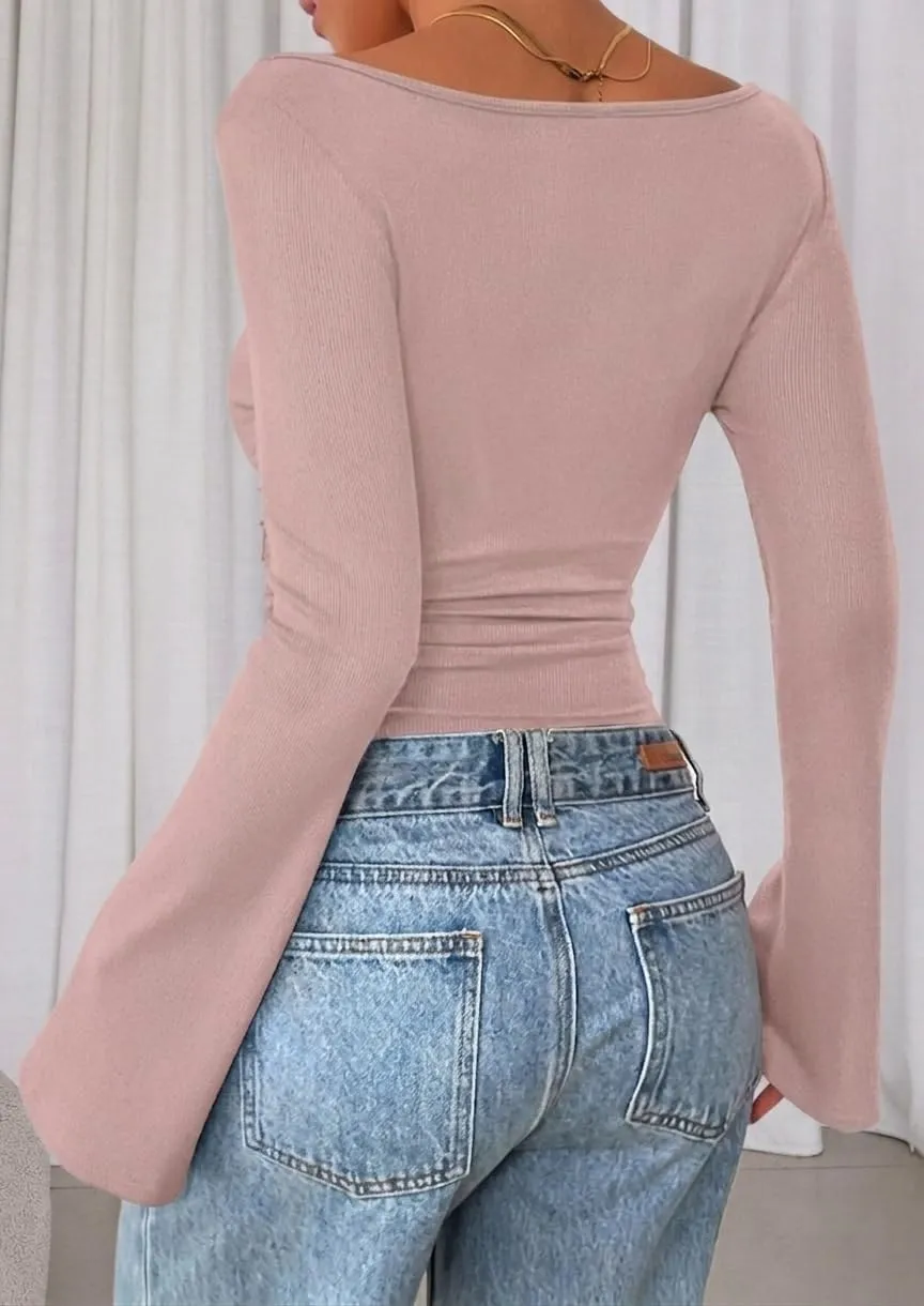 Boat Neck Ribbed Bell Sleeve Top — Pink — view 4