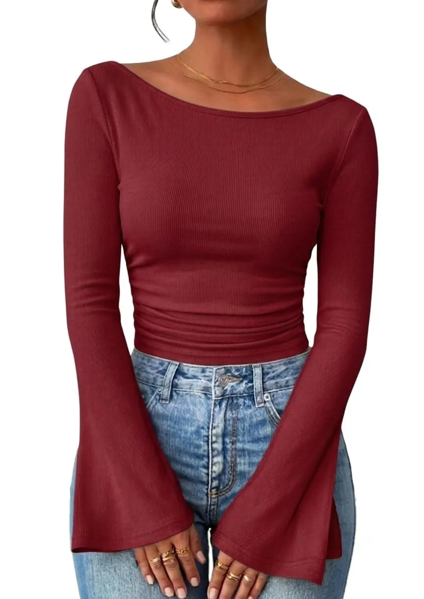 Boat Neck Ribbed Bell Sleeve Top — Jujube Red