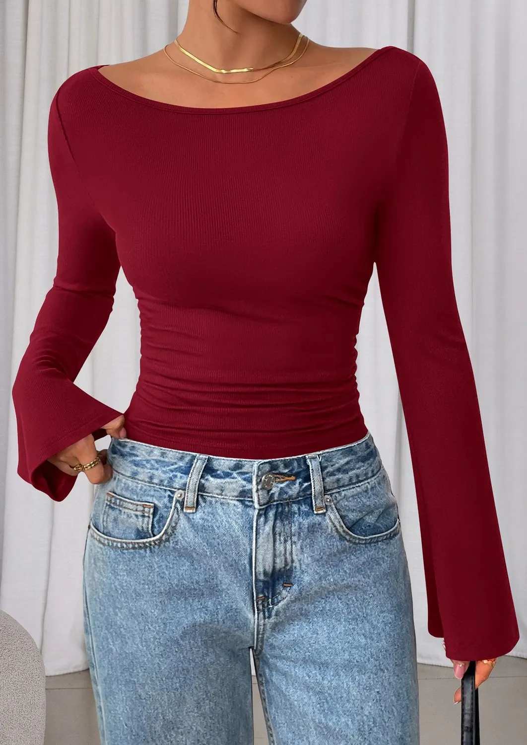 Boat Neck Ribbed Bell Sleeve Top — Jujube Red — view 3