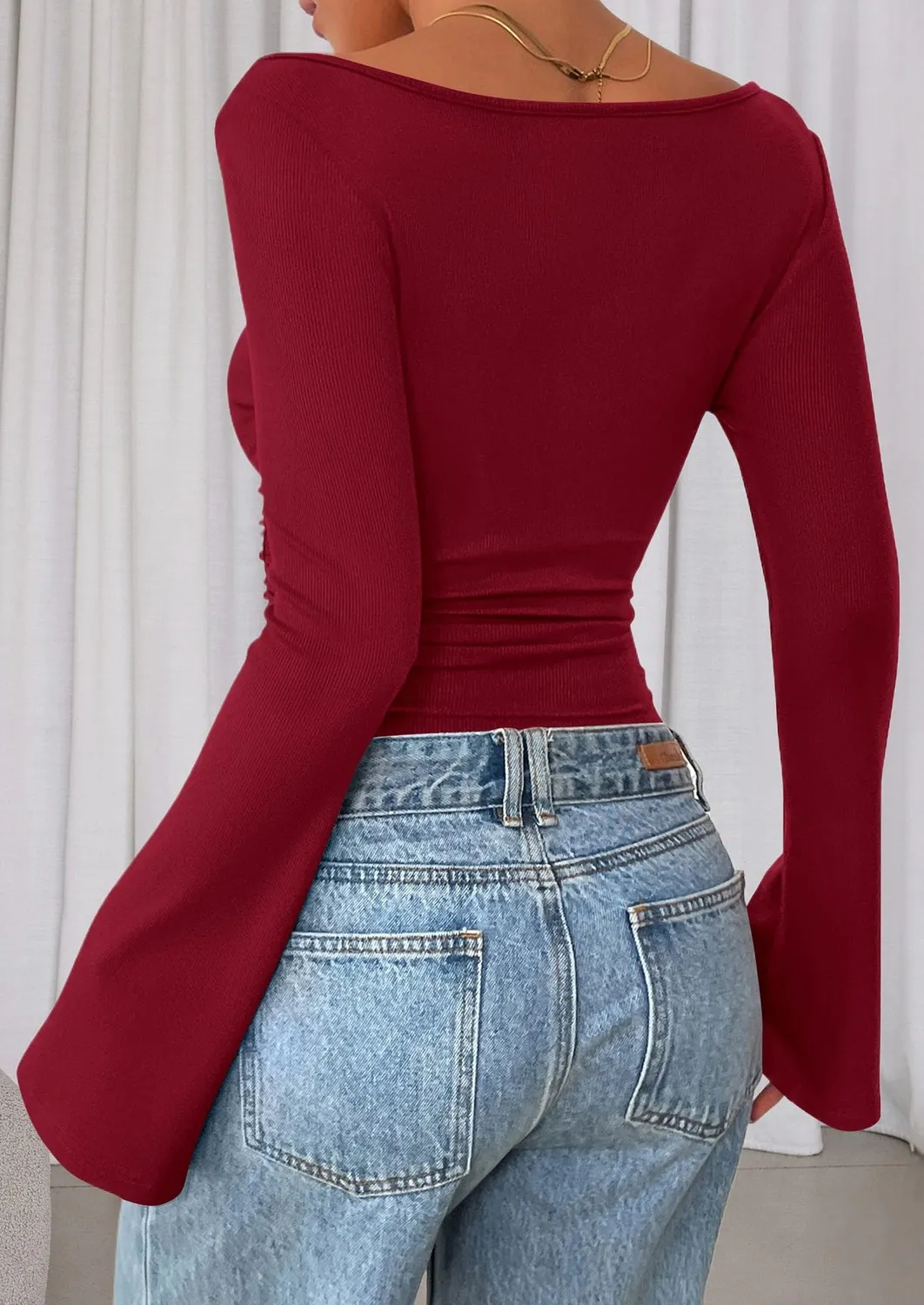 Boat Neck Ribbed Bell Sleeve Top — Jujube Red — view 4