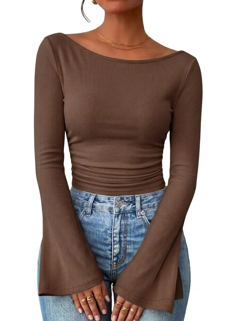 Boat Neck Ribbed Bell Sleeve Top — Brown