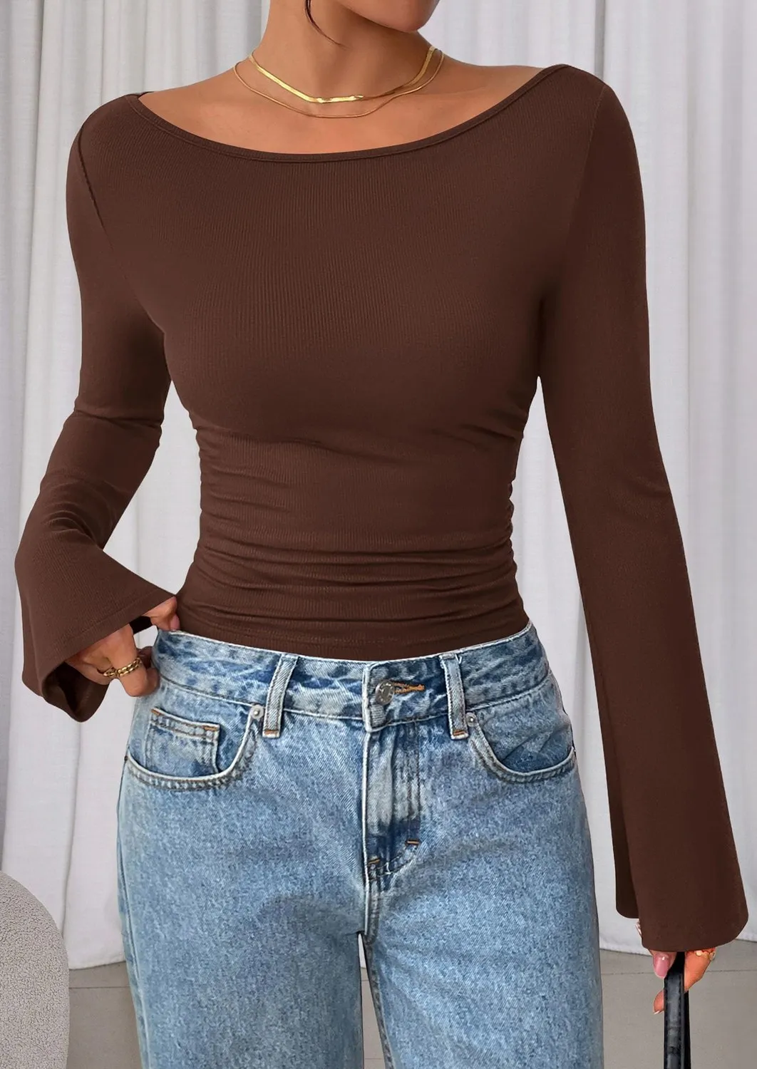 Boat Neck Ribbed Bell Sleeve Top — Brown — view 3