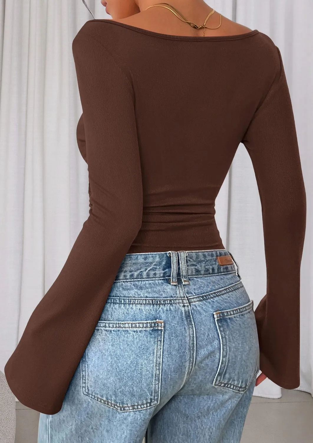 Boat Neck Ribbed Bell Sleeve Top — Brown — view 4