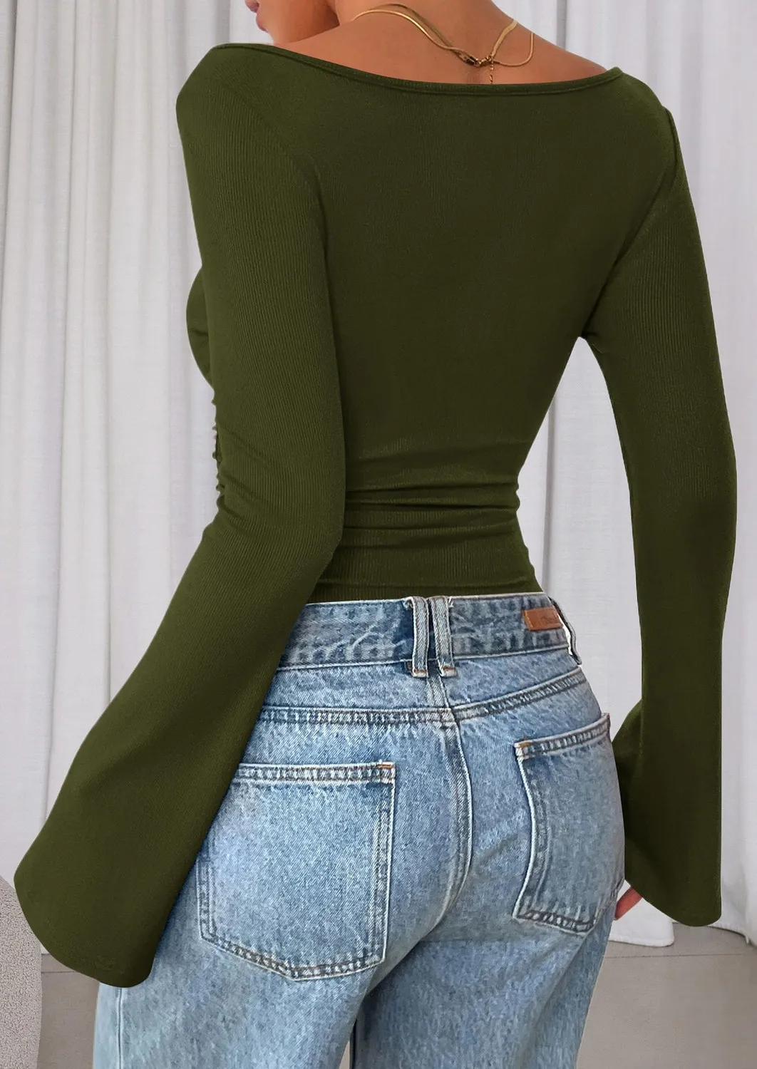 Boat Neck Ribbed Bell Sleeve Top — Army Green — view 4