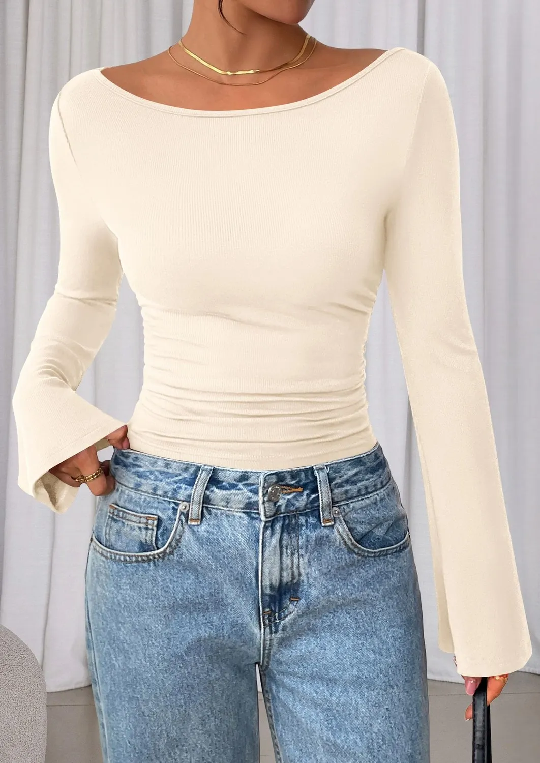 Boat Neck Ribbed Bell Sleeve Top — Apricot — view 3