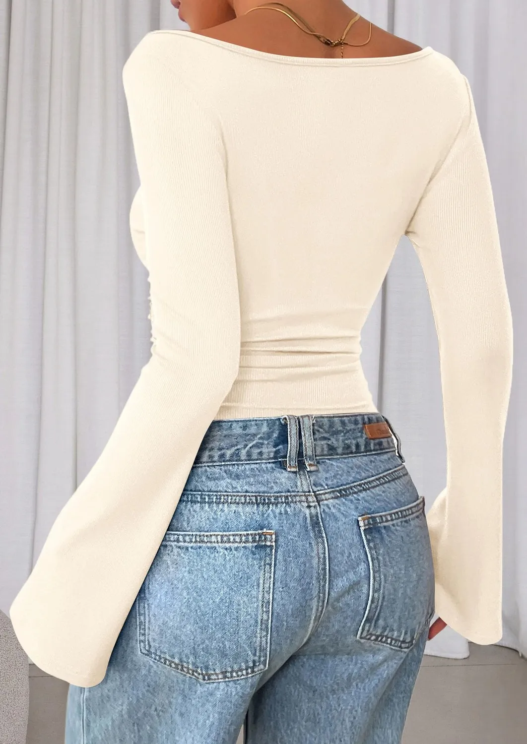Boat Neck Ribbed Bell Sleeve Top — Apricot — view 4