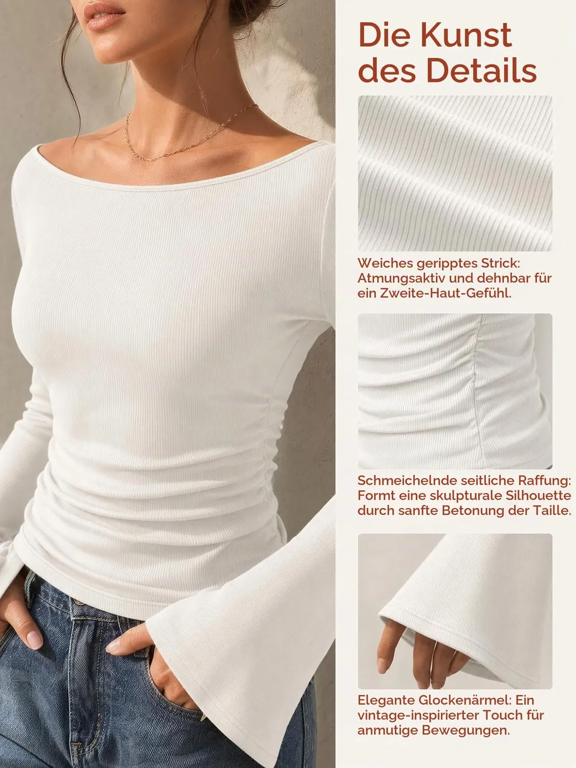 Boat Neck Ribbed Bell Sleeve Top — Apricot — view 6
