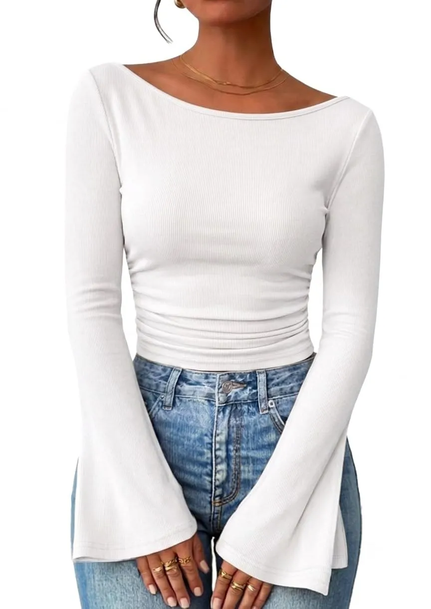 Boat Neck Ribbed Bell Sleeve Top