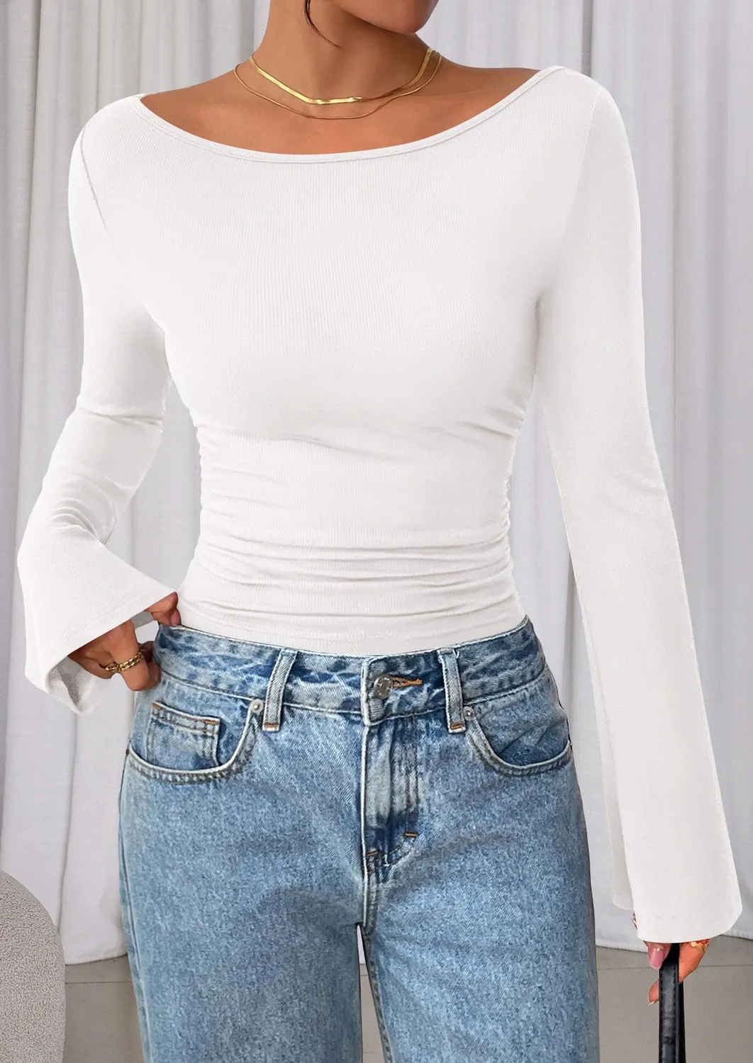 Boat Neck Ribbed Bell Sleeve Top — view 3
