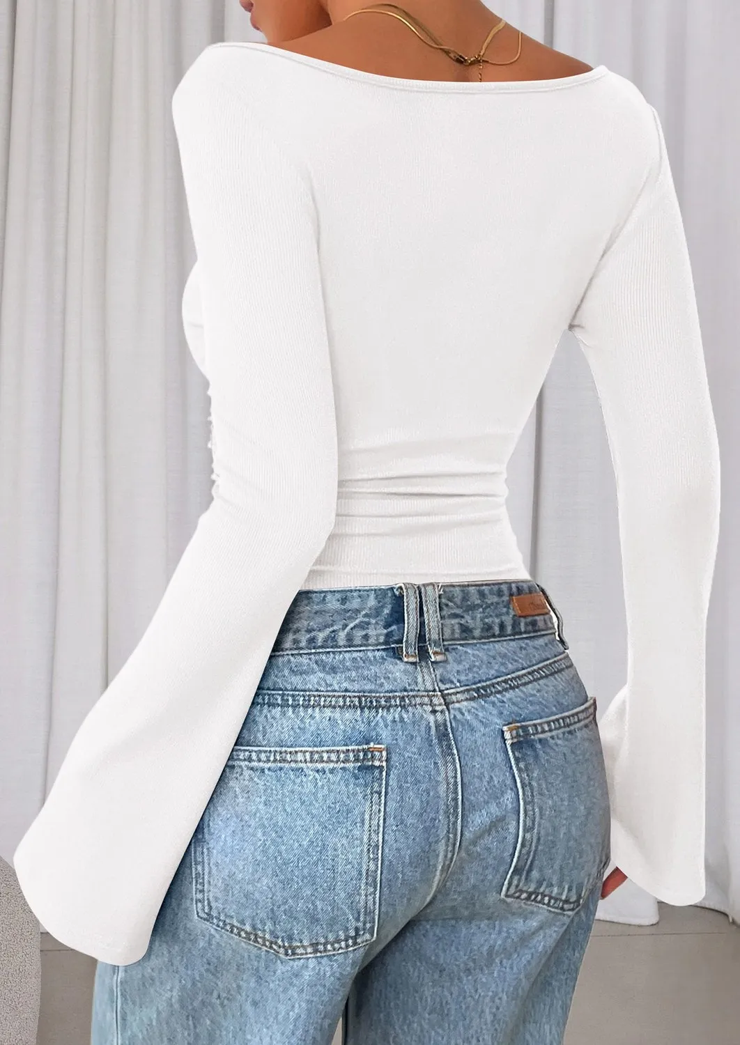 Boat Neck Ribbed Bell Sleeve Top — view 4