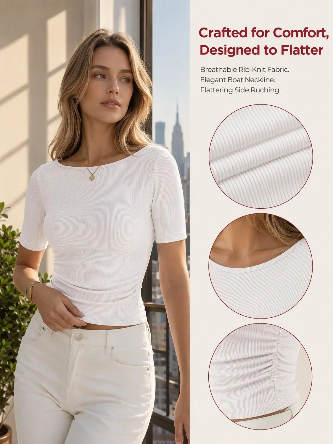 Boat Neck Ribbed Short Sleeve Top — view 6