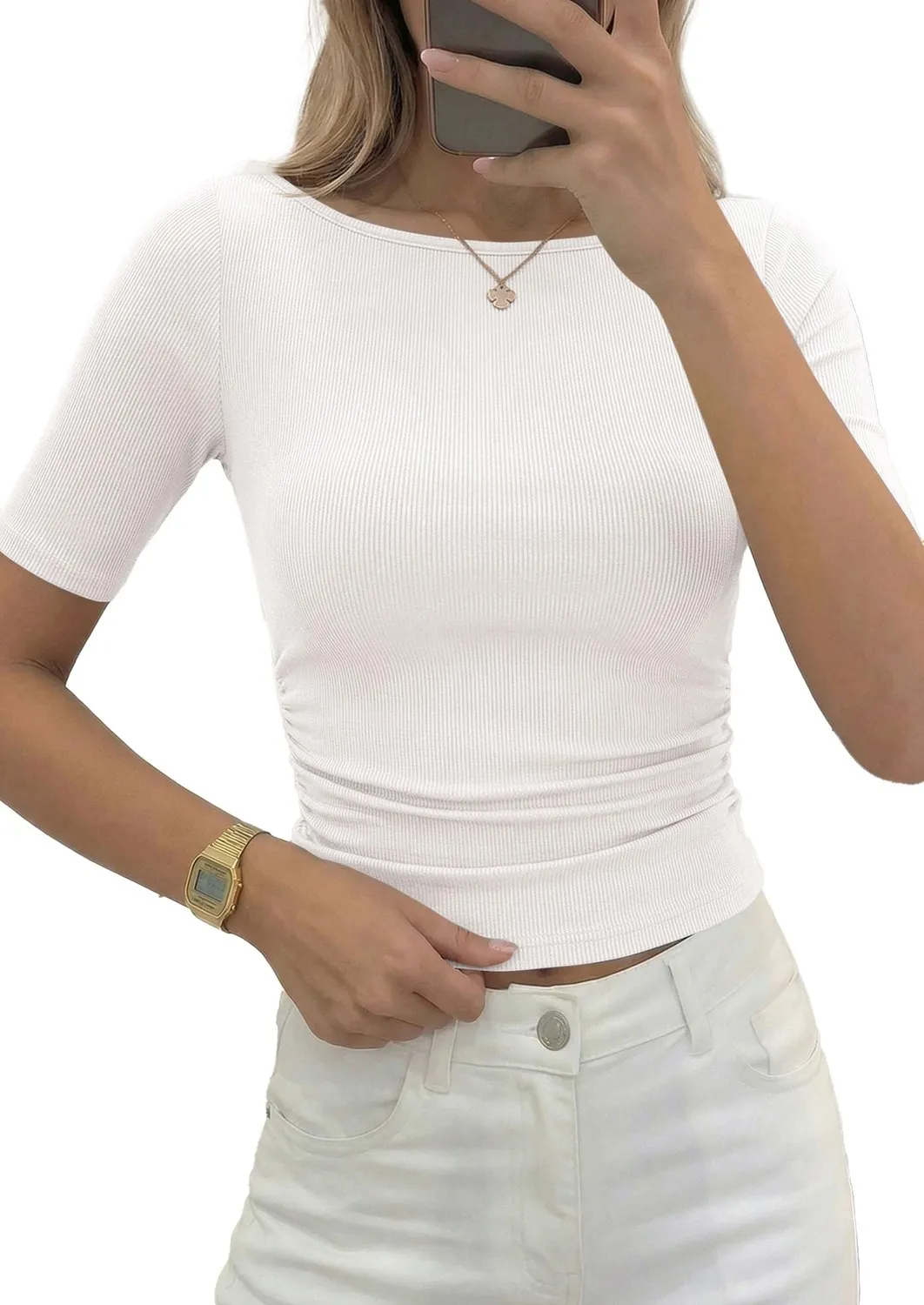 Boat Neck Ribbed Short Sleeve Top