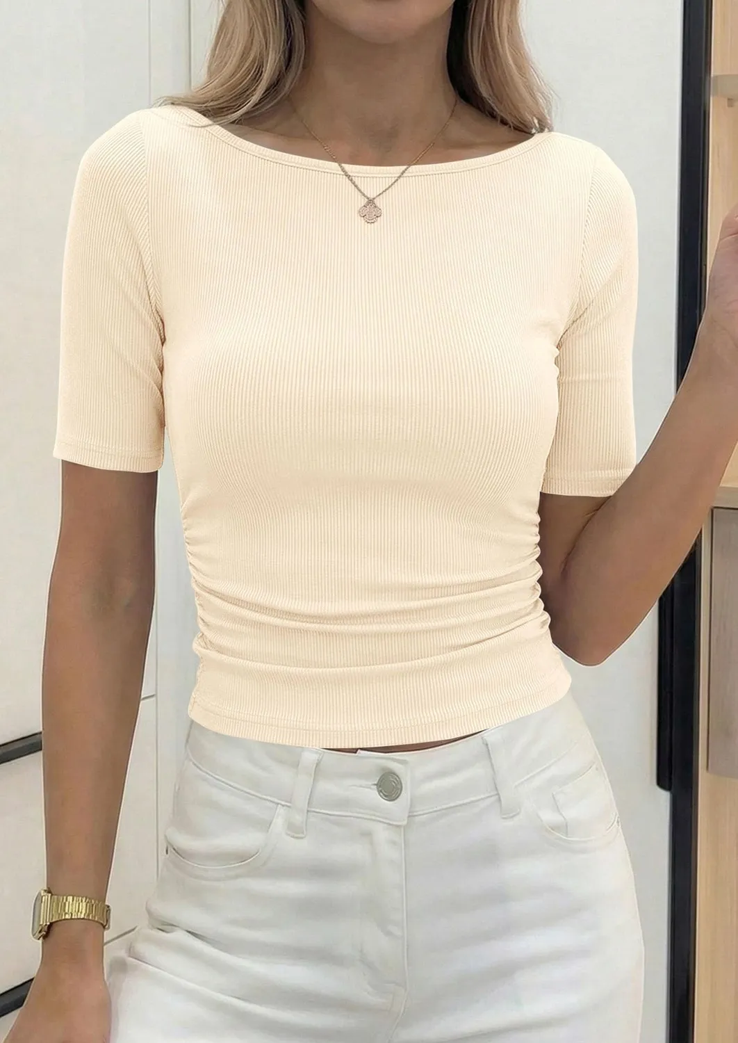 Boat Neck Ribbed Short Sleeve Top — Apricot — view 2