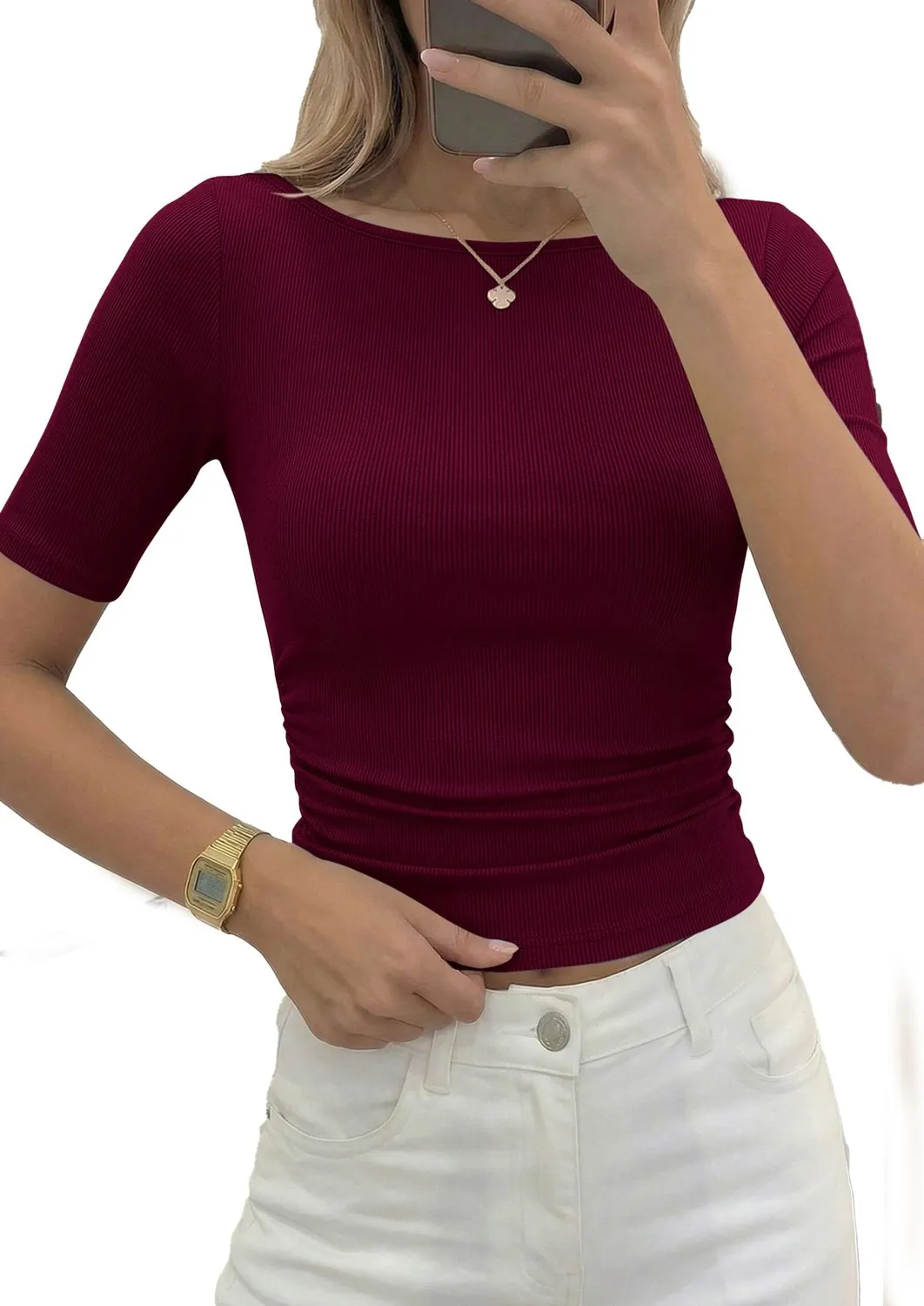 Boat Neck Ribbed Short Sleeve Top — Wine Red