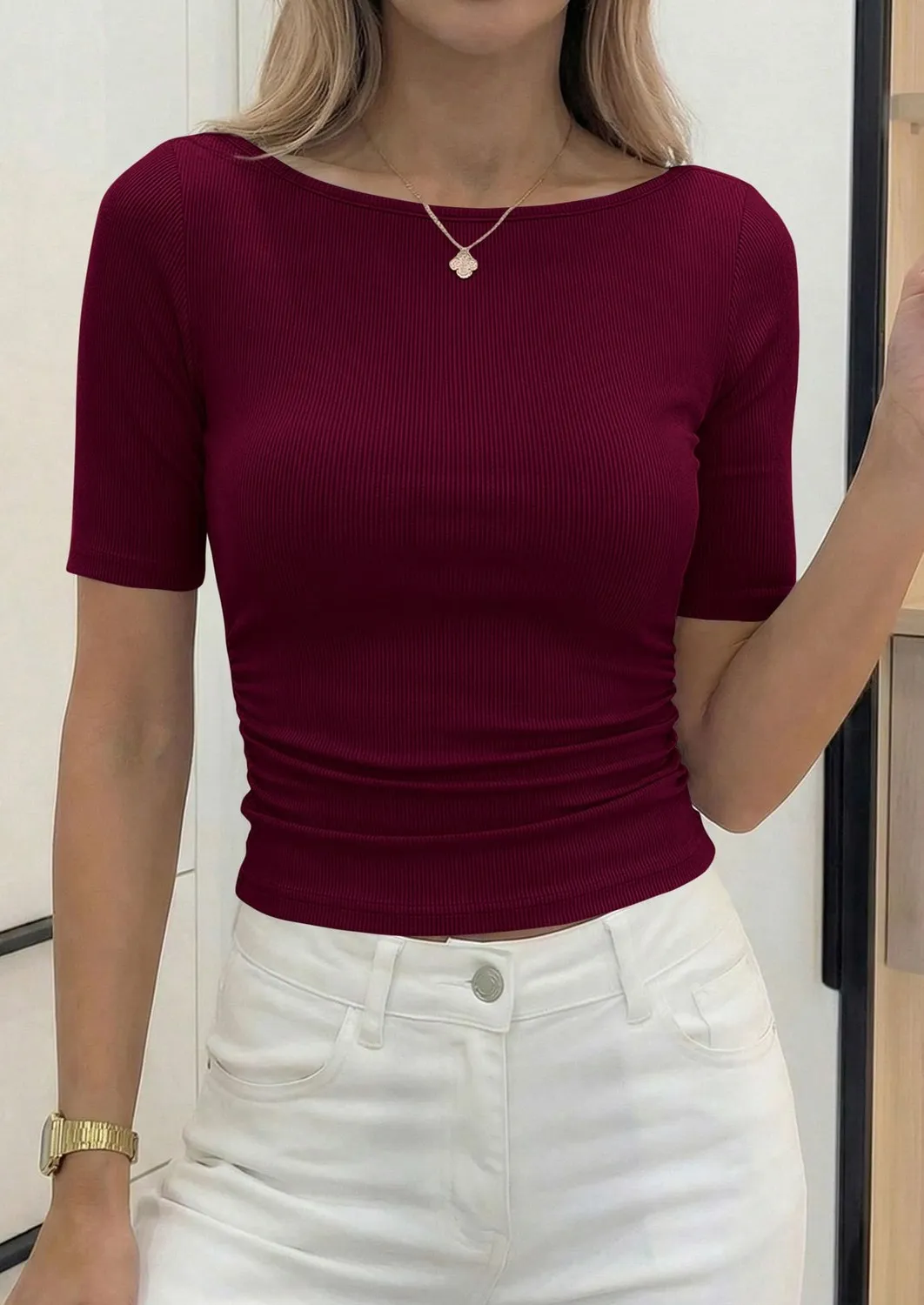 Boat Neck Ribbed Short Sleeve Top — Wine Red — view 2