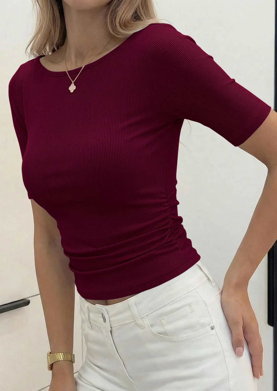 Boat Neck Ribbed Short Sleeve Top — Wine Red — view 3