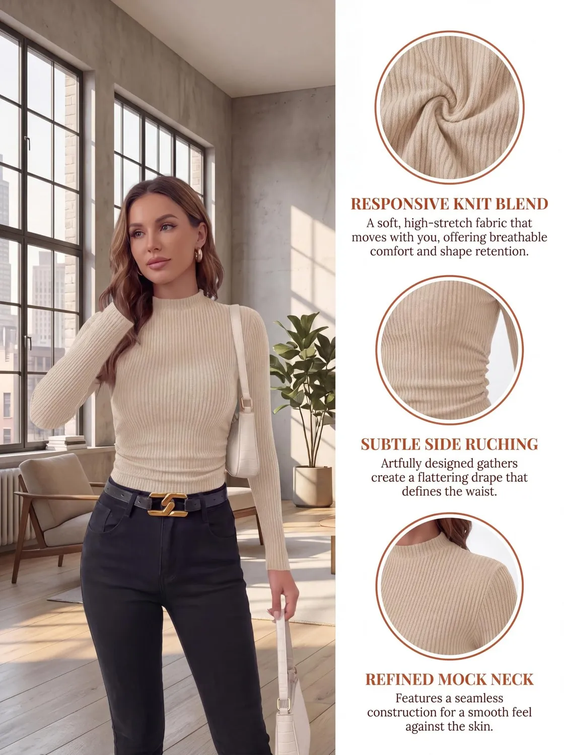 Mock Neck Ribbed Slim Pullover — view 6