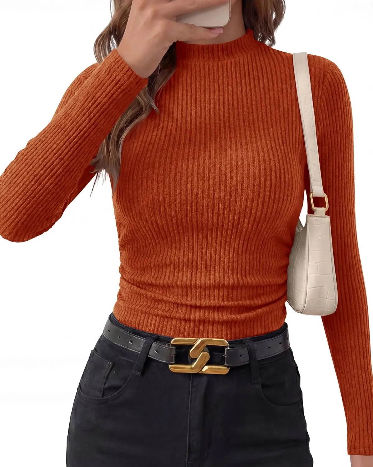 Mock Neck Ribbed Slim Pullover — Orange Red — view 2