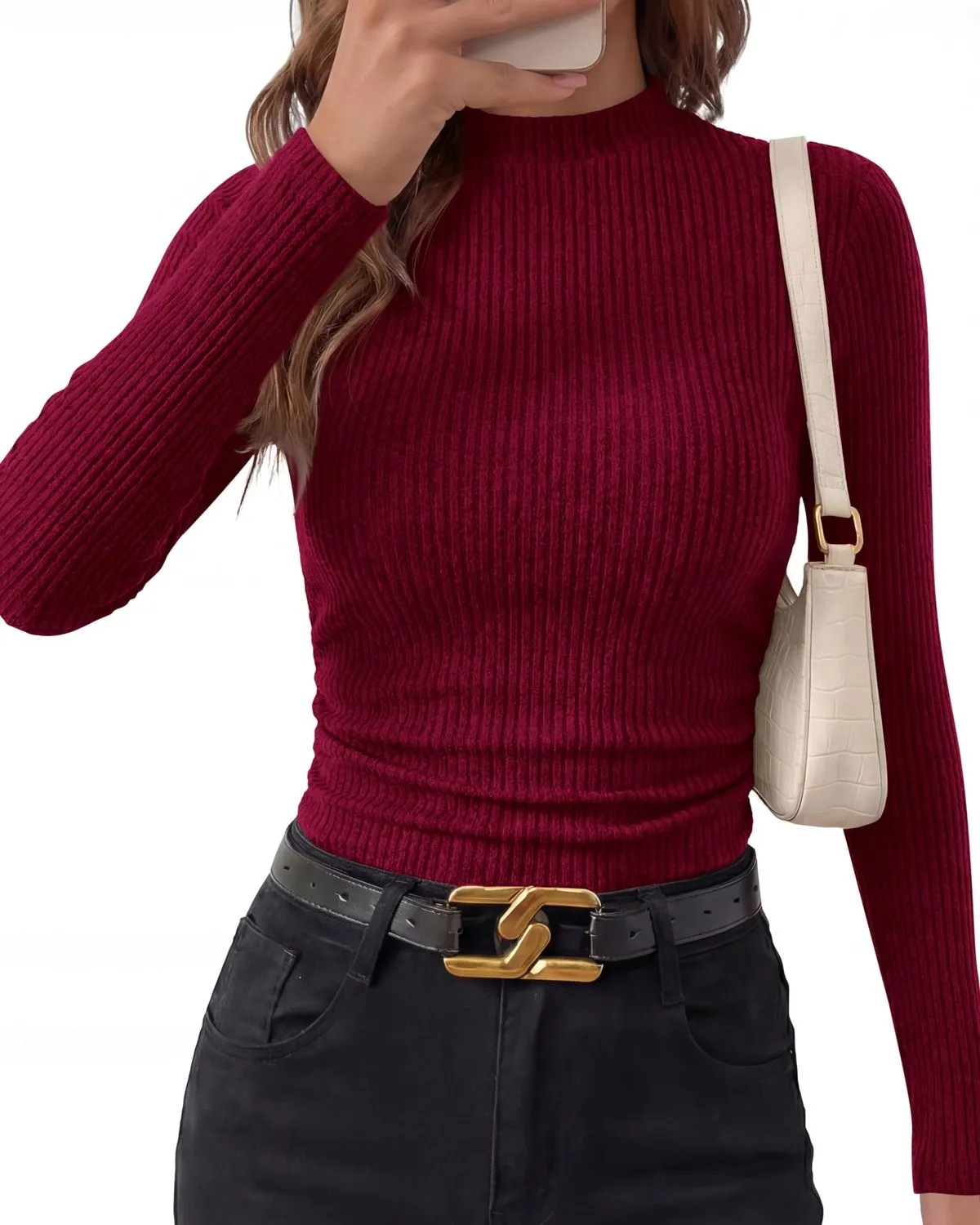 Mock Neck Ribbed Slim Pullover — Wine Red — view 2