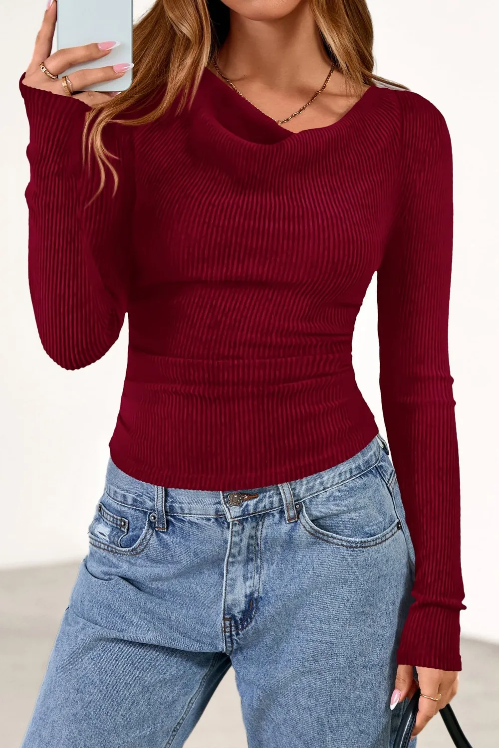 Cowl Neck Ribbed Slim Pullover — Wine Red — view 2